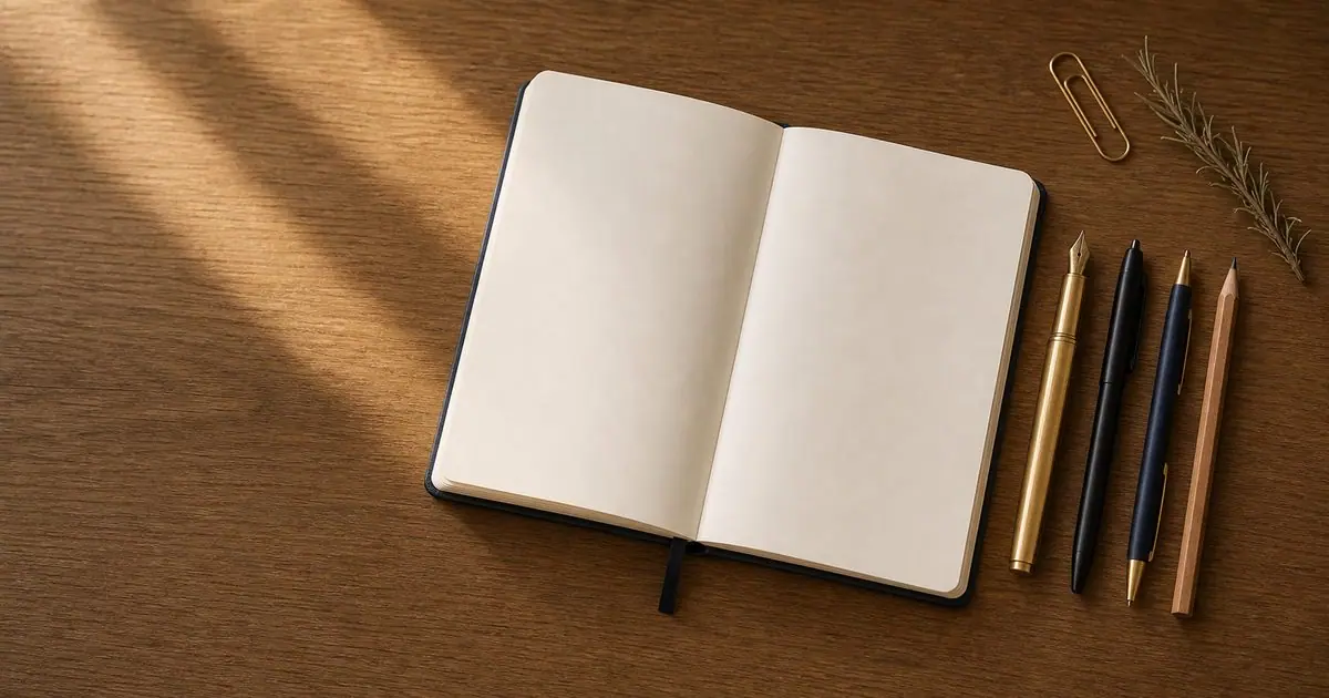 Caderno aberto com canetas — anotando conectores em espanhol pra escrita formal