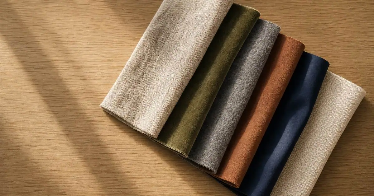 Amostras de tecido com tons de claro a escuro — light, dark, navy, burgundy em inglês