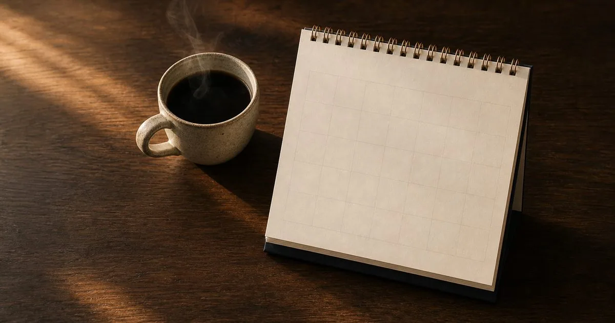 Agenda aberta com café ao lado — datas e dias da semana em inglês