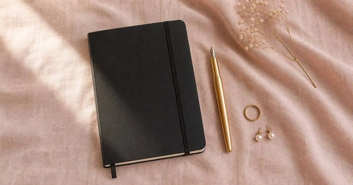 Caderno moleskine aberto com rascunho de frases em inglês para bio do Instagram