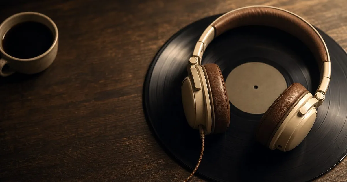 Fones de ouvido sobre vinil — ouvindo a pronúncia natural de mood em inglês