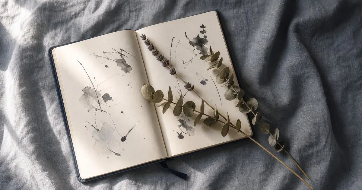 Caderno aberto com flores ao lado — anotando a diferença entre mood, vibe e feeling