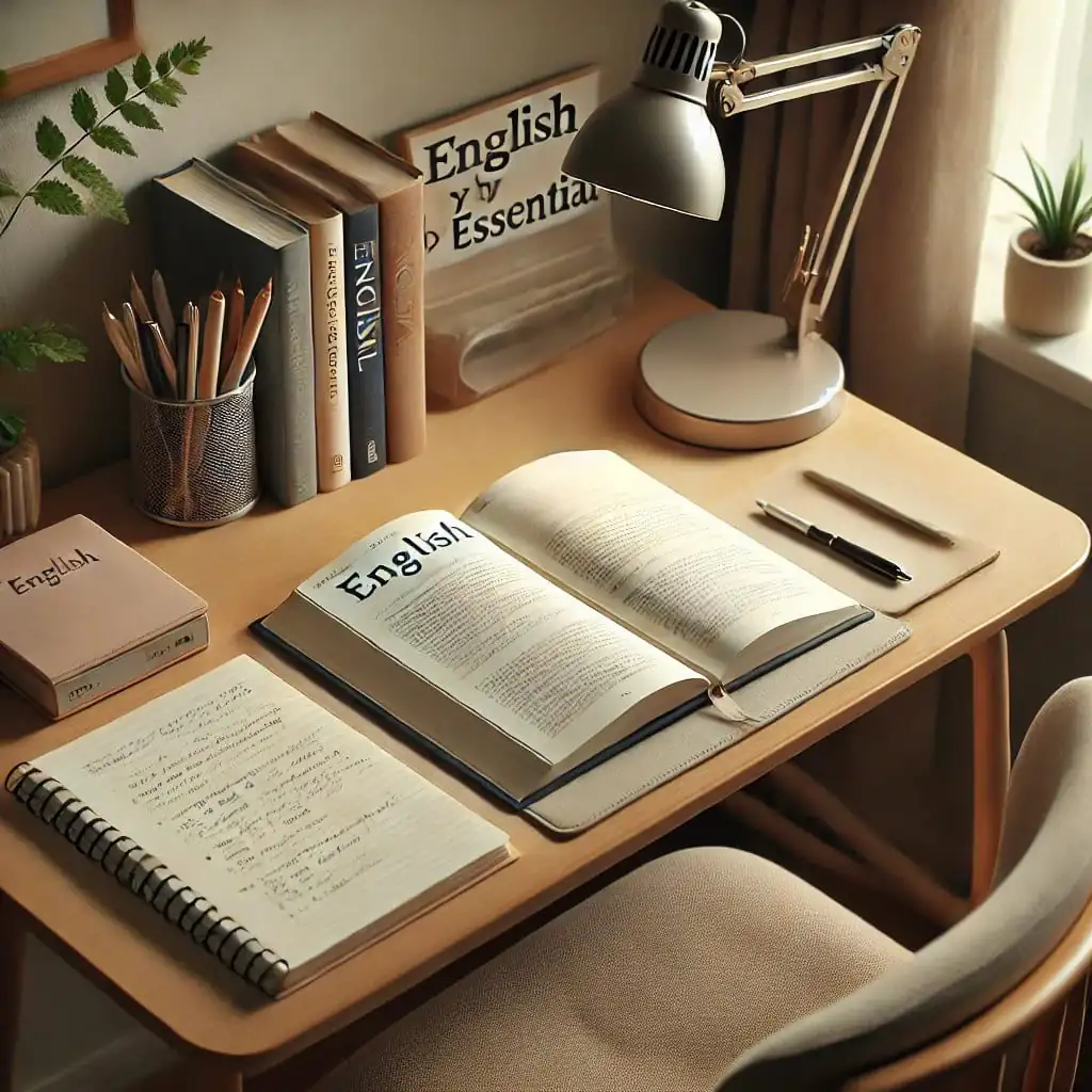 DALL·E A simple study space with an open textbook titled 'English by Essential ' a notebook with handwritten notes a few pens and a tidy desk without any e()